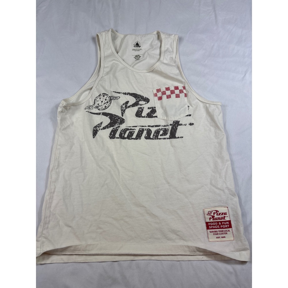 Disney Pixar Toy Story Pizza Planet Tank Top Mens Small Cream Graphic Pocket Tee